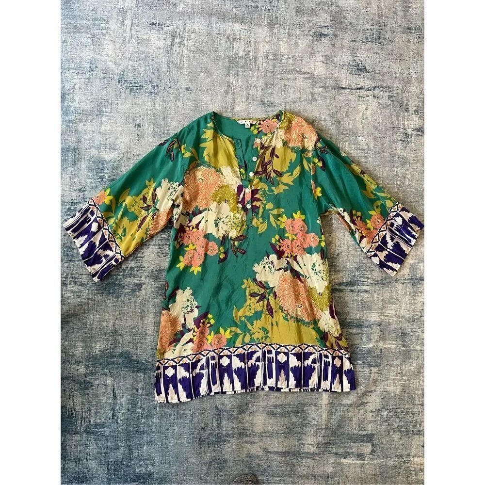 Cabi Green Pink Blue Floral 100% Silk Tunic Top Small